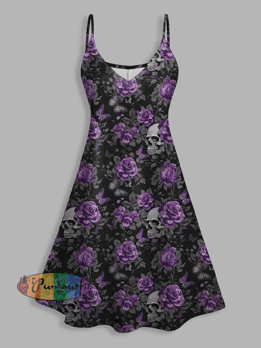Skull And Rose Print V Neck High Waist Sleeveless Mini Dress Black / S
