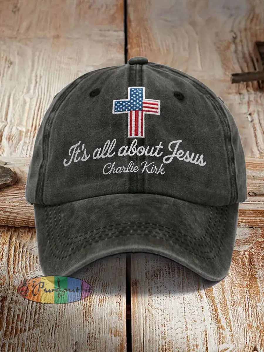 Unisex It’s All About Jesus Charlie Kirk Cross Print Hat Black / ONE