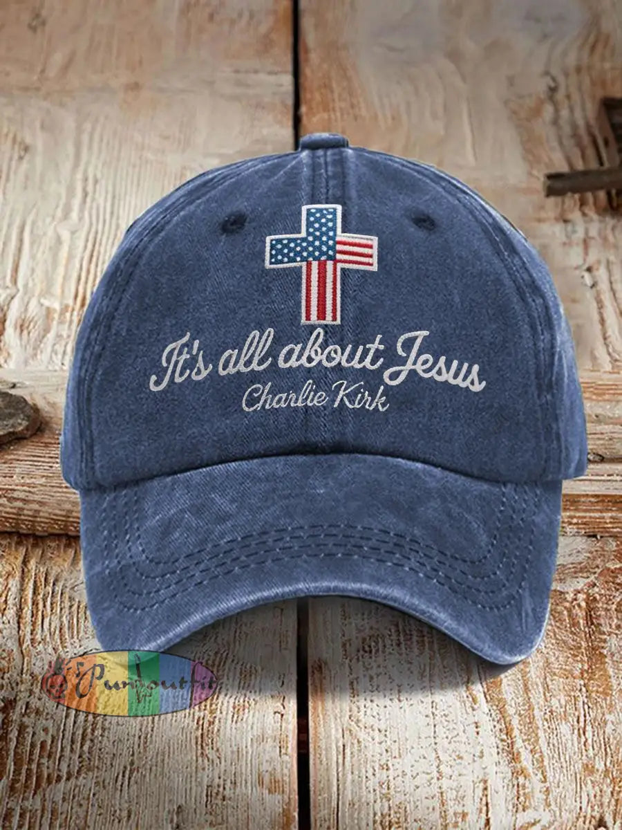 Unisex It’s All About Jesus Charlie Kirk Cross Print Hat Navy Blue / ONE
