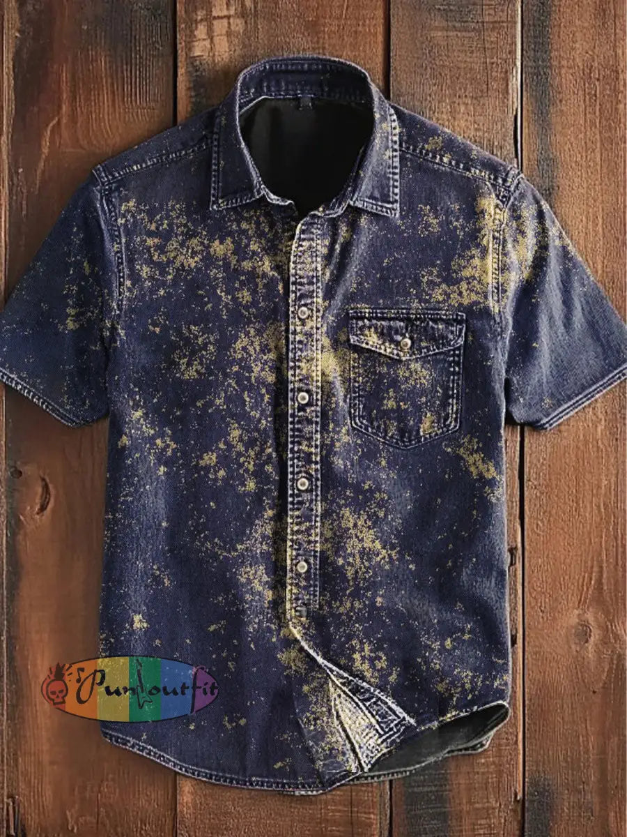 Unisex Men’s Vintage Gothic Rustic Design Art Abstract Print Casual Short Sleeve Pocket Shirt Purple / S