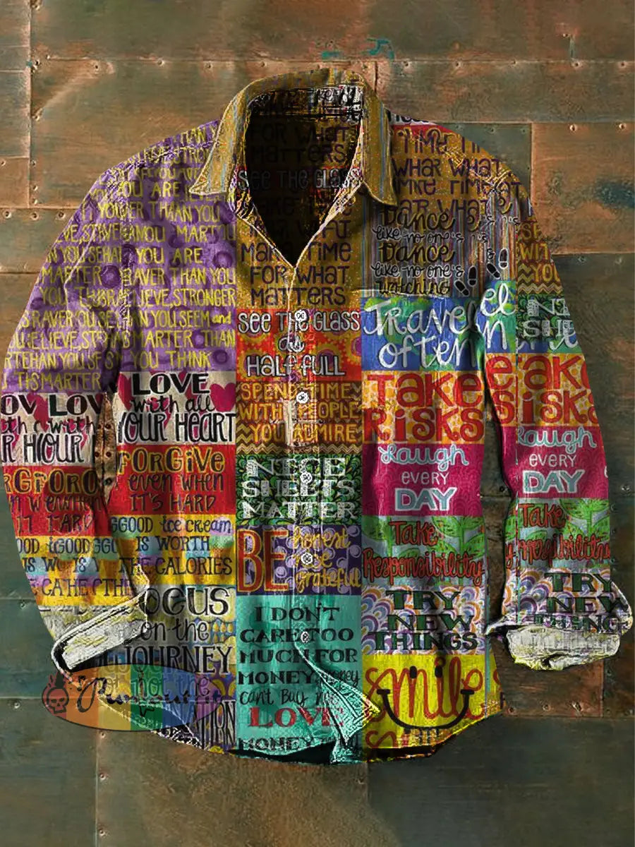 Unisex Men’s Vintage Hippie Colorful Valentine’s Day Rules Abstract Print Casual Long Sleeve