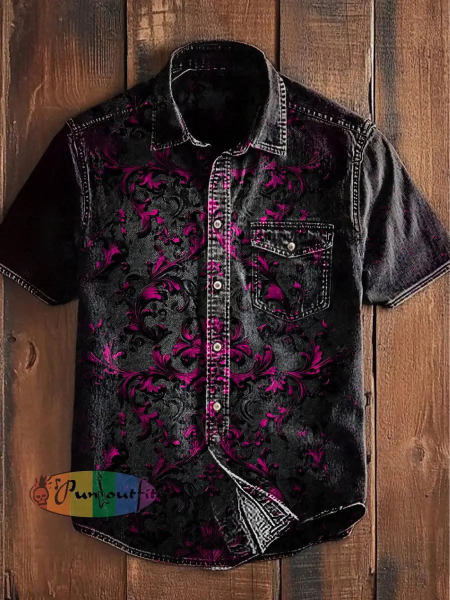 Unisex Men’s Vintage Punk Gothic Floral Gradient Abstract Print Casual Short Sleeve Pocket Shirt Purple / S