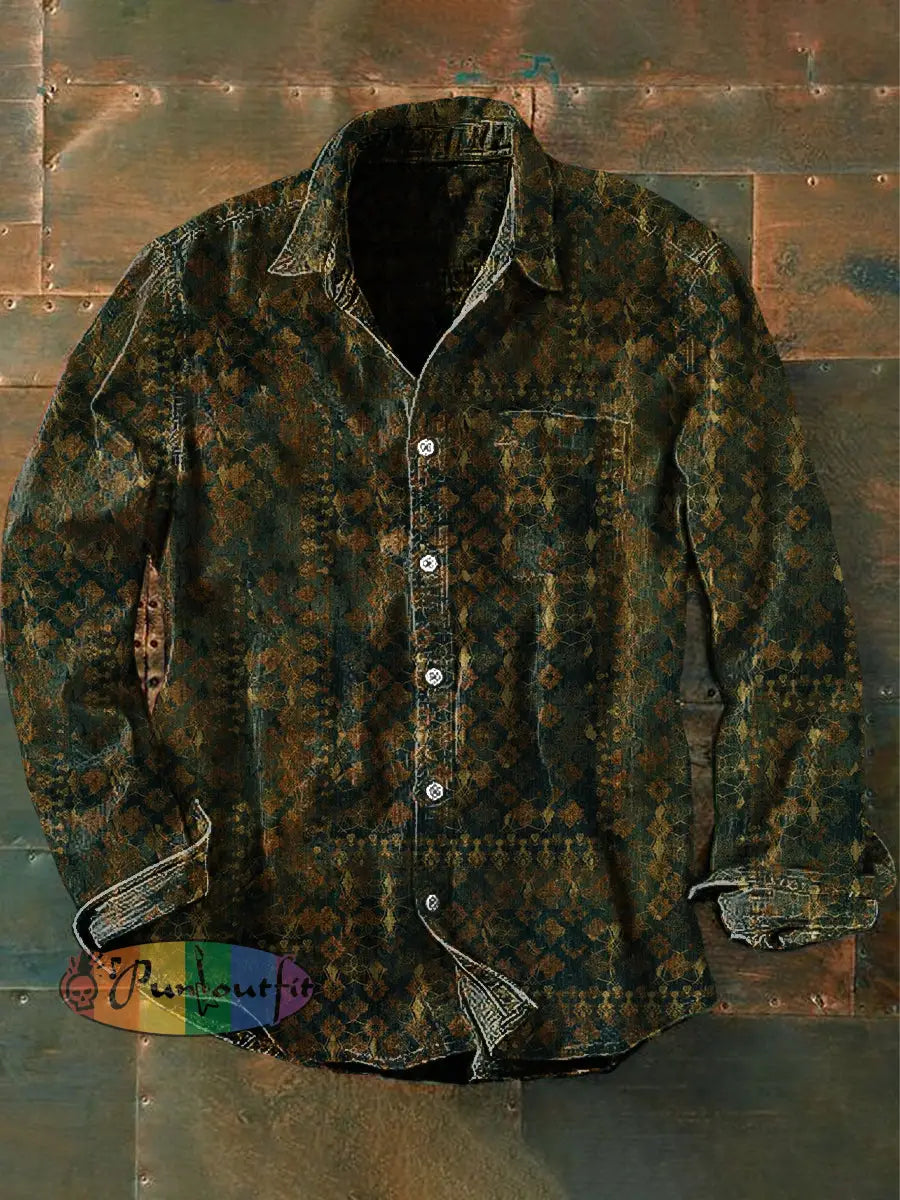 Unisex Men’s Vintage Western Gold Geometric Pattern Abstract Print Casual Long Sleeve Shirt Green / S