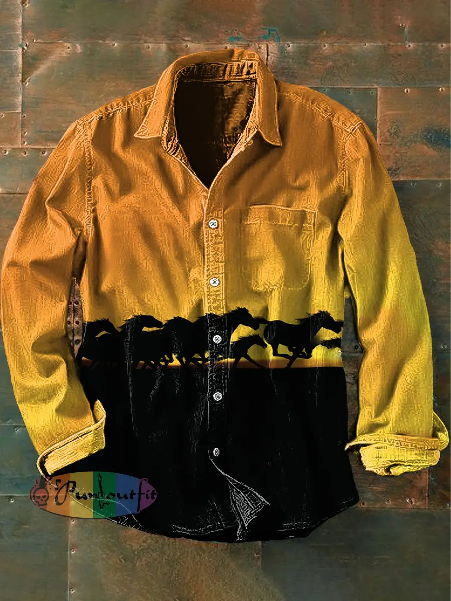 Unisex Men’s Vintage Western Horse Colorful Art Abstract Print Casual Long Sleeve Shirt As
