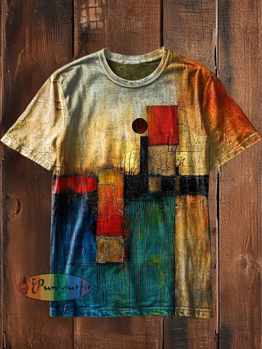 Unisex Vintage Colourful Bold Artwork Abstract Print Casual Cotton Short Sleeve T-Shirt As picture / S