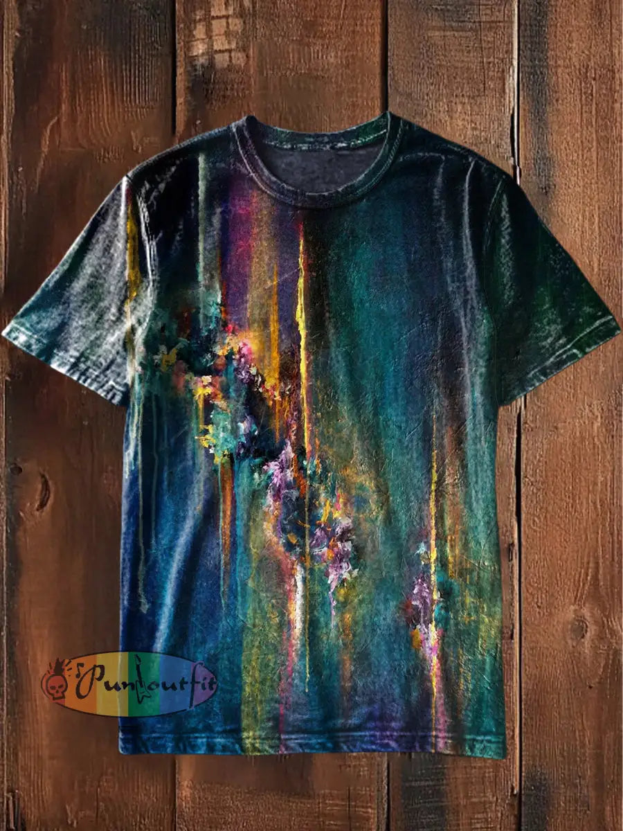 Unisex Vintage Colourful Watercolour Abstract Print Casual Cotton Short Sleeve T-Shirt Blue / S