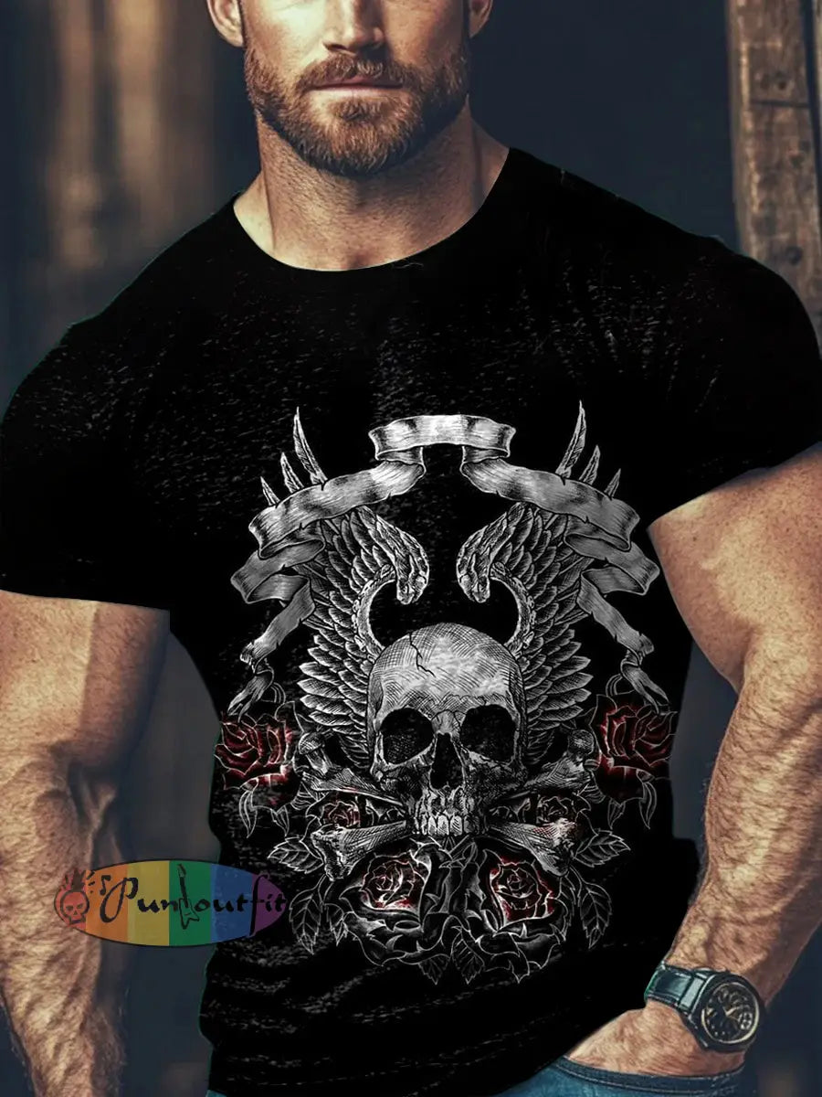 Unisex Vintage Punk Wings Skull Rose Floral Abstract Print Casual Cotton Short Sleeve T-Shirt Black / S