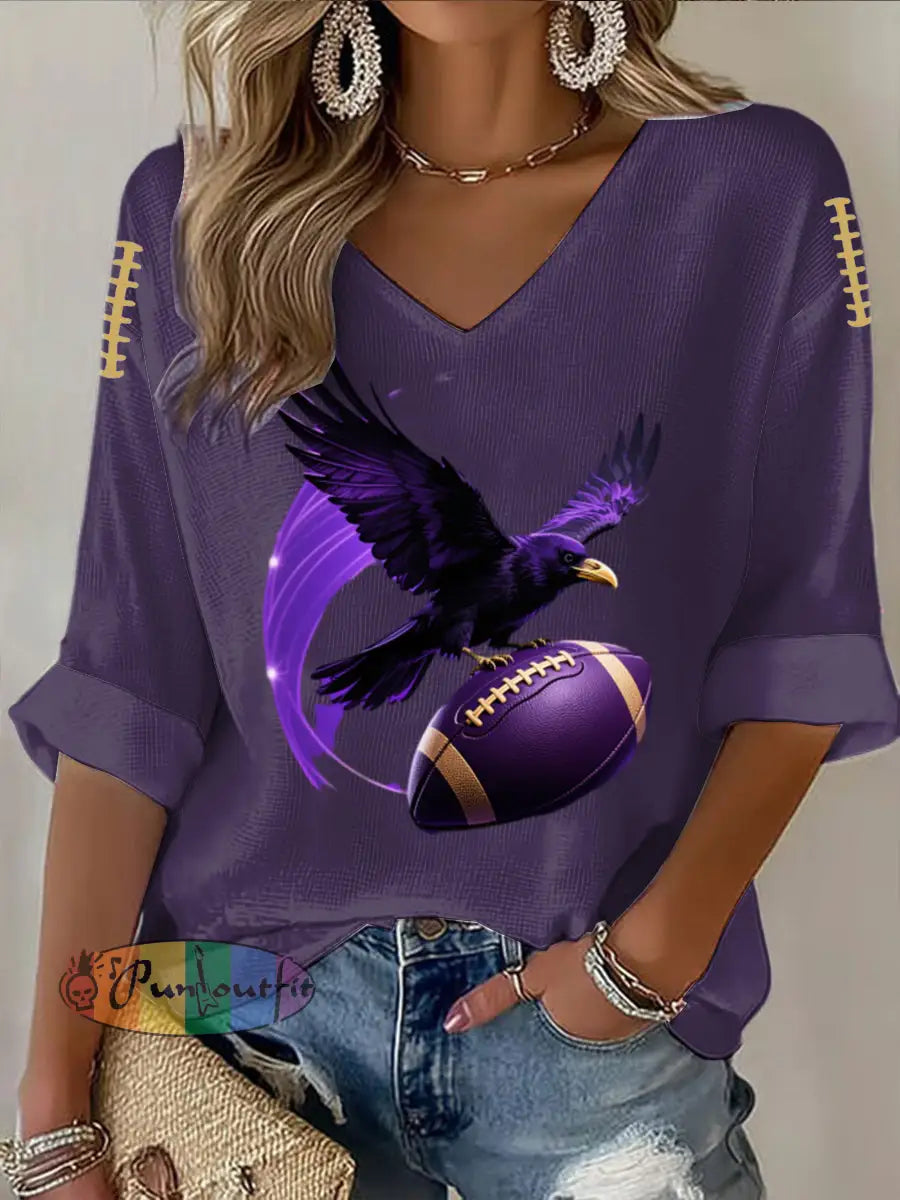 Vintage Baltimore Ravens Football Print Casual Cotton Waffle Long Sleeve T Shirt Purple / S