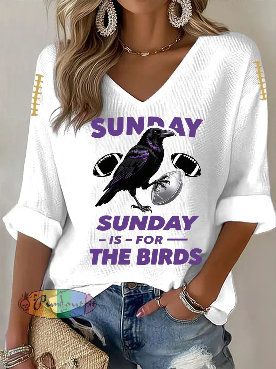 Vintage Baltimore Ravens Football Print Casual Cotton Waffle Long Sleeve T Shirt White / S