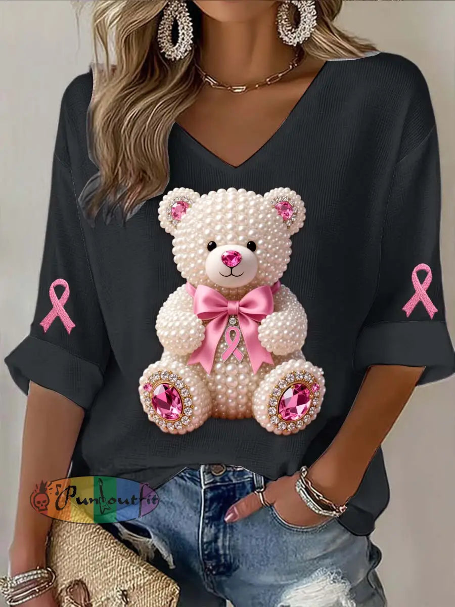 Vintage Breast Cancer Bear Pearls Abstract Print Casual Cotton Long Sleeve T Shirt Black / S