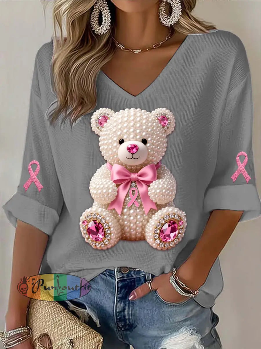 Vintage Breast Cancer Bear Pearls Abstract Print Casual Cotton Long Sleeve T Shirt Gray / S