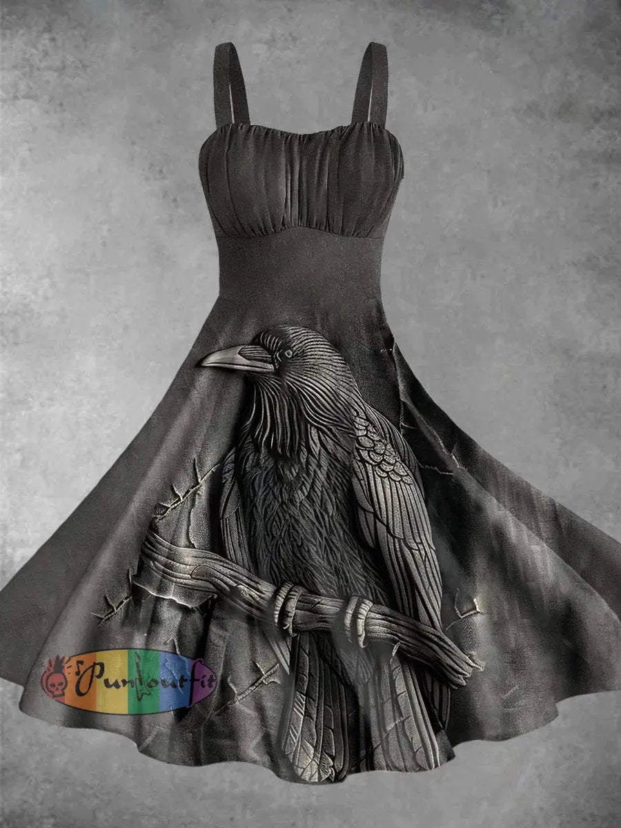 Vintage Dark Crow On Branch Print Backless Dress Picture Color / S Dress