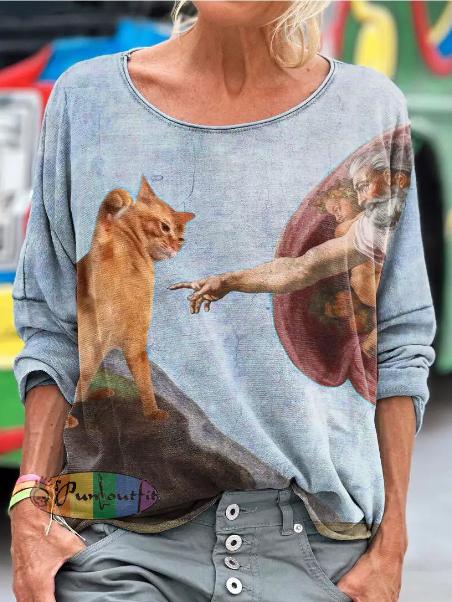 Vintage Funny Cat Art Print Casual Long Sleeve T-shirt Blue / S / Women’s LongSleeves NEW IN