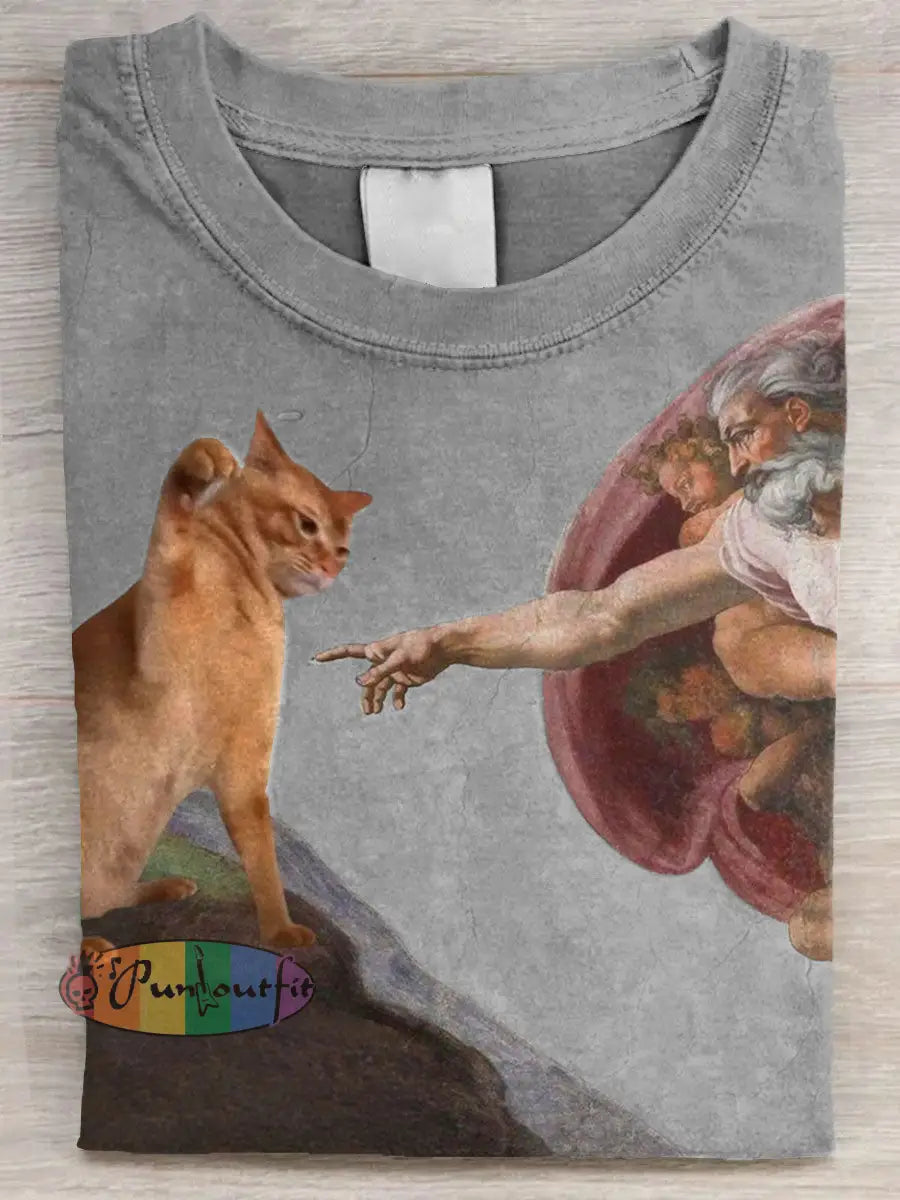 Vintage Funny Cat Art Print Casual Long Sleeve T-shirt Grey / S / ShortSleeves NEW IN