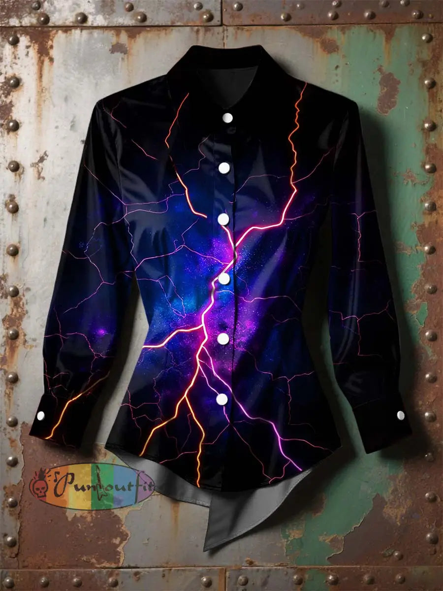 Vintage Music Festival Lightning Lines Printed Casual Long Sleeve Irregular Shirt Purple / S