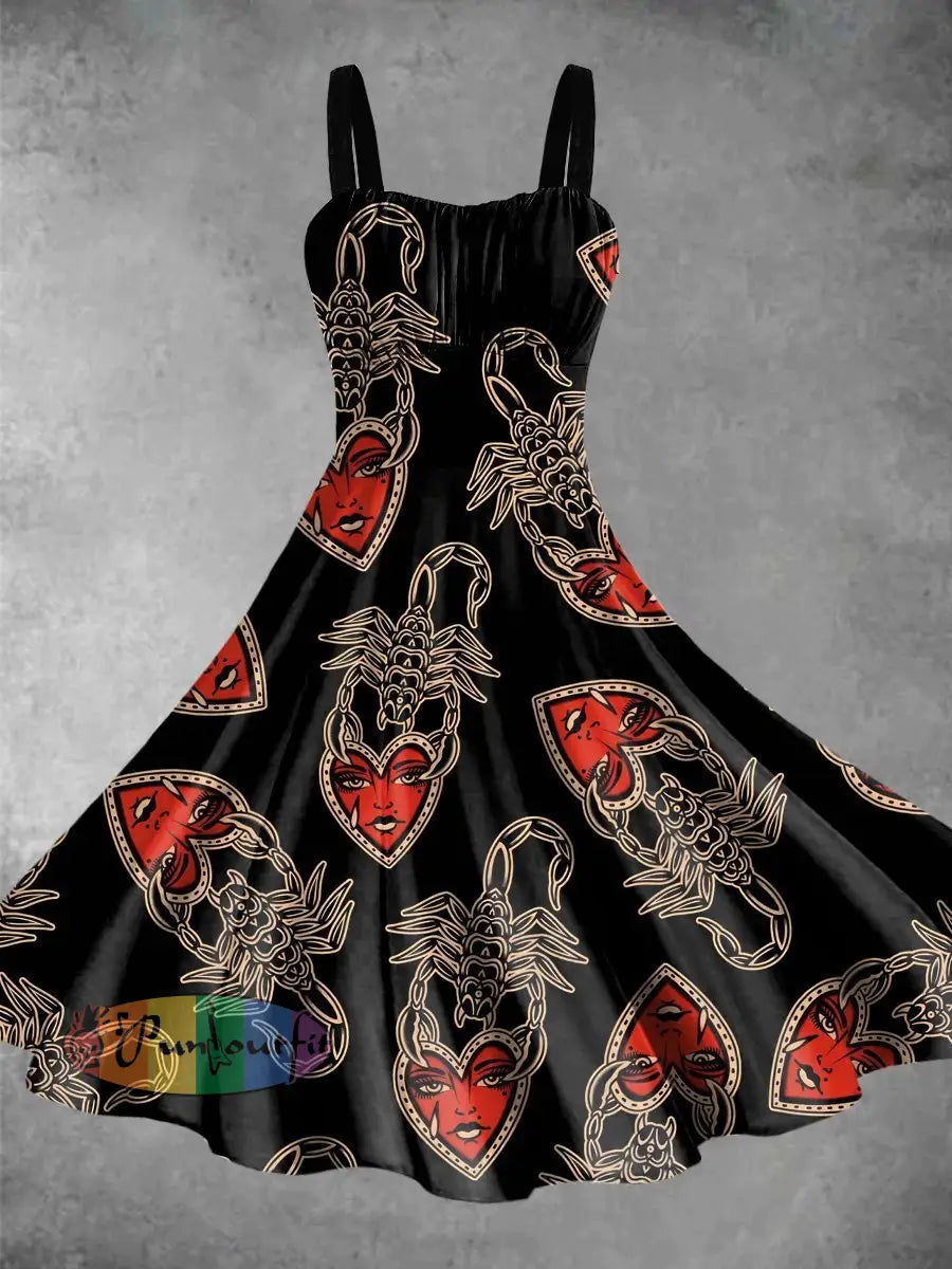 Vintage Scorpion Tattoo With Red Heart Print Backless Dress Picture Color / S Dress