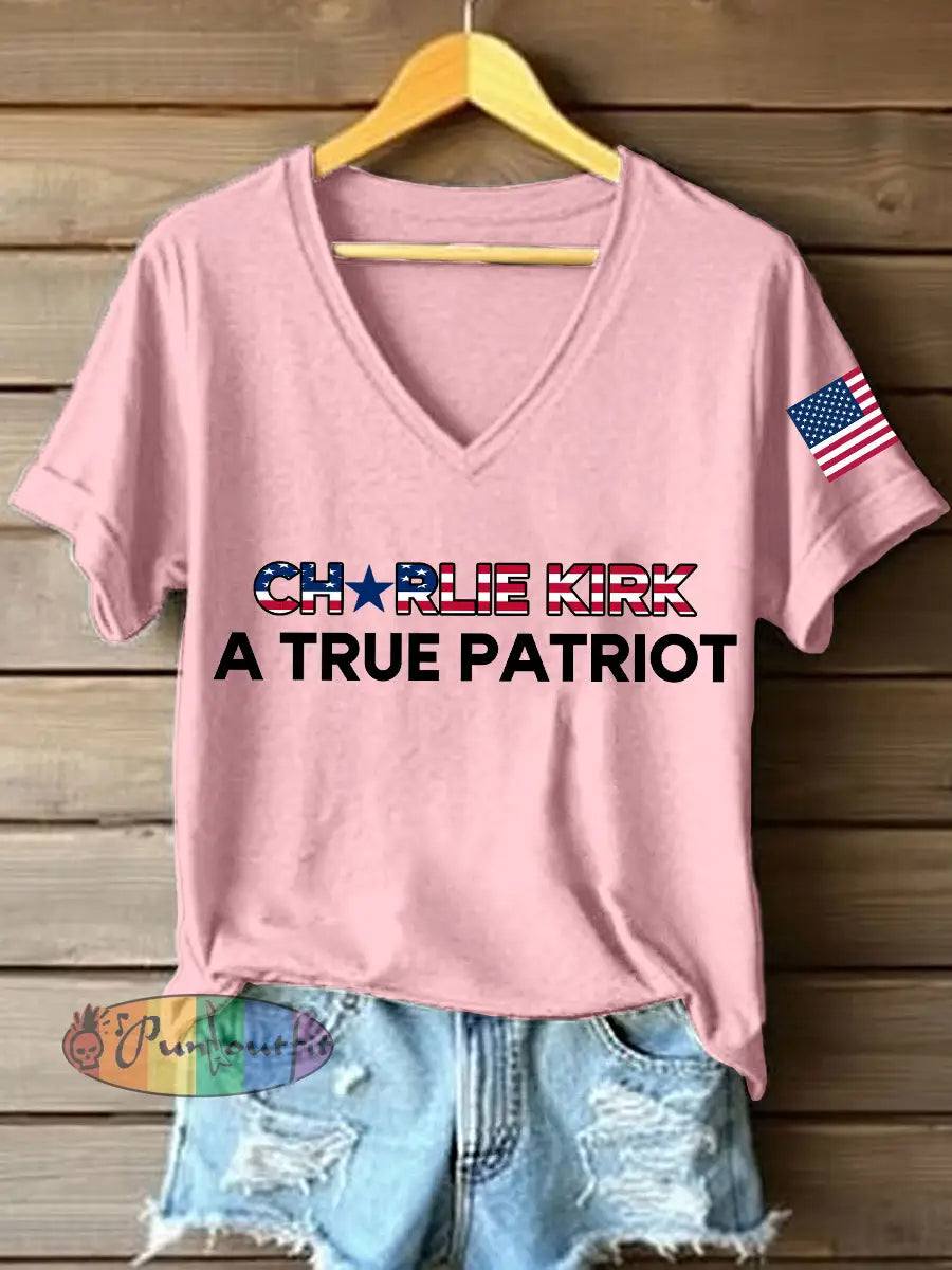 Women’s A True Patriot Print V-Neck T-Shirt Pink / S