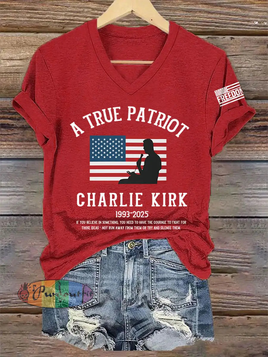 Women’s A True Patriot R.I.P Charlie Kirk V-Neck Tee Red / S