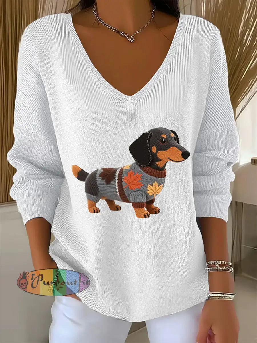 Women’s Autumn Dog Art Print V Neck Ribbed Top White / S