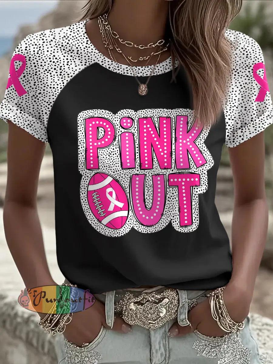 Women’s Breast Cancer Awareness Pink Out Football Printed T shirt Black / S
