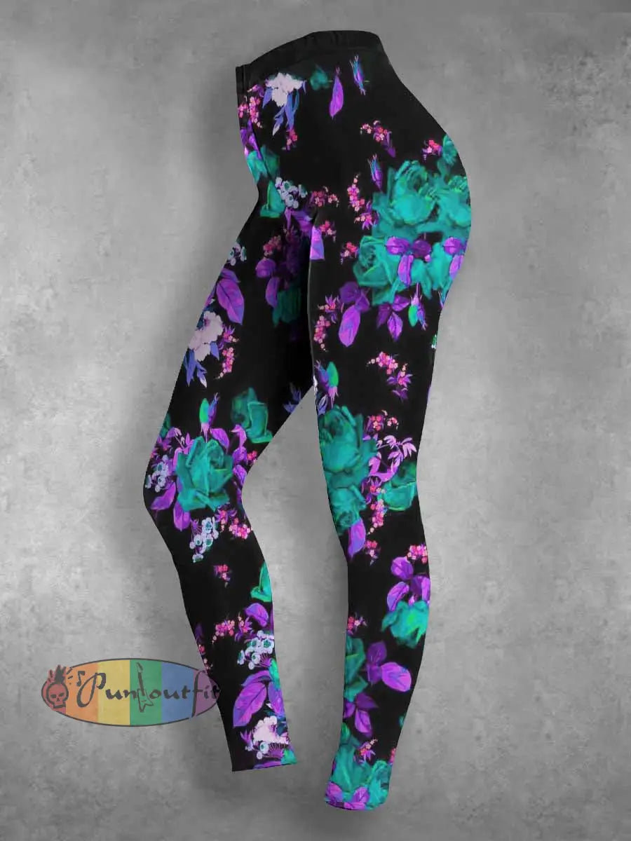 Women’s Fantasy Flowers Print Casual Leggings Black / S