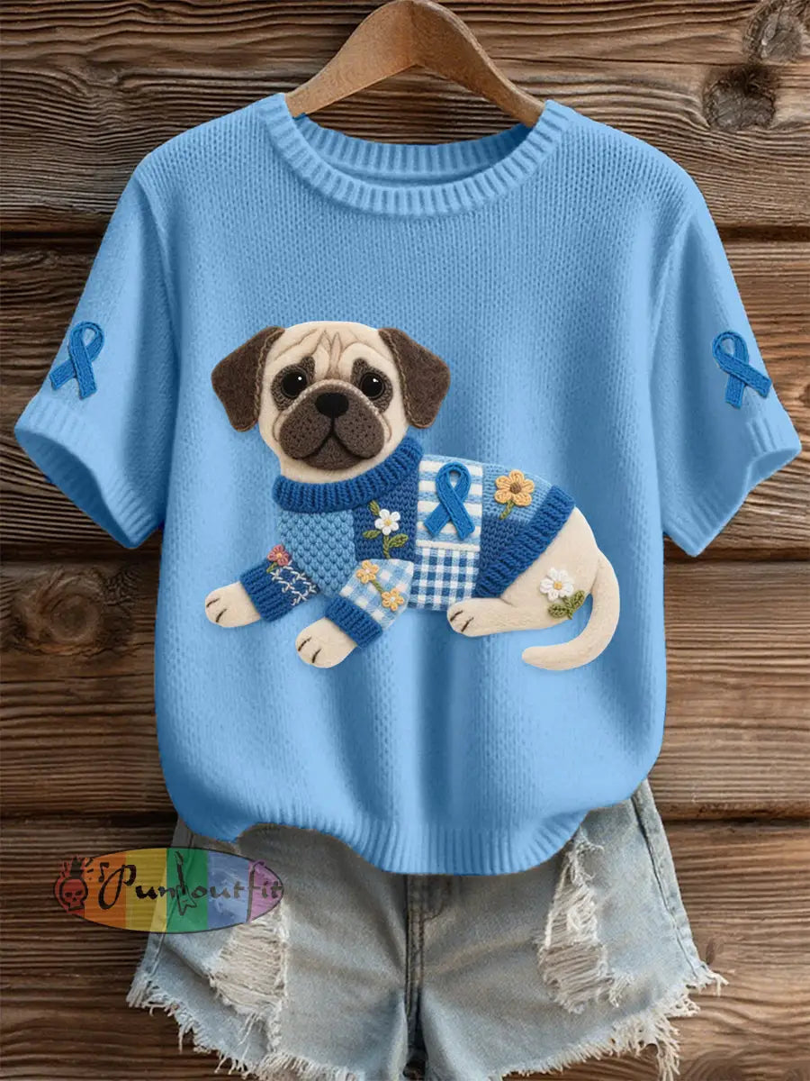 Women’s Felt Art Pug & Blue Ribbon Pattern Cozy Knit Top Blue / S