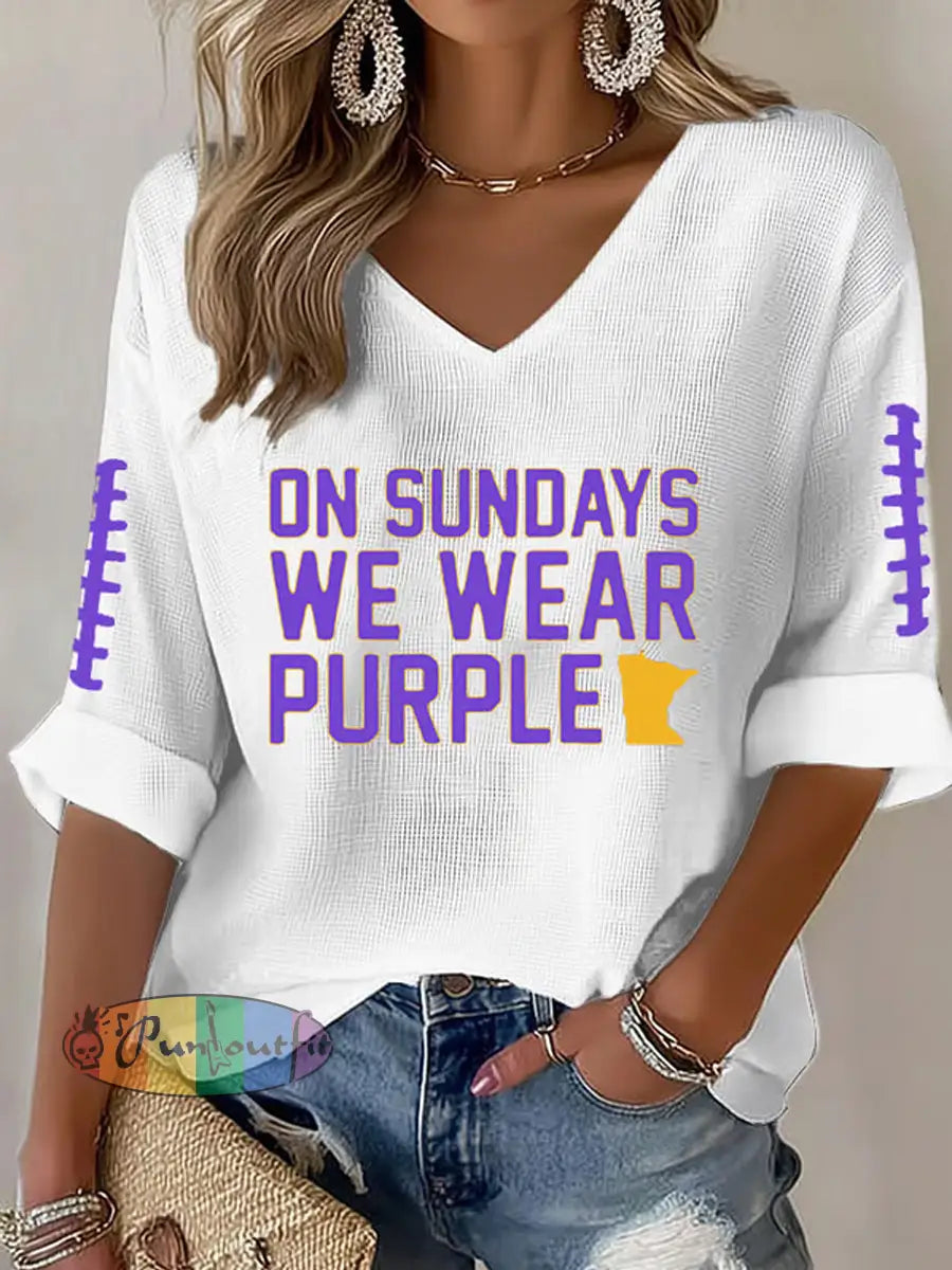 Women’s Football Fans Lovers Gameday Casual V-Neck Long-Sleeve Top White / S
