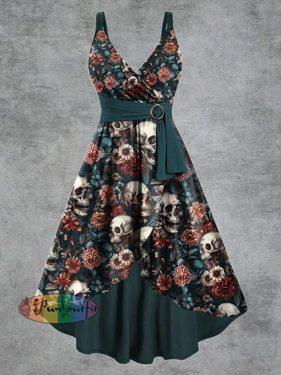 Women’s Gothic Skull Floral Print V-neck Belt Camisole Dress Dark Green / S