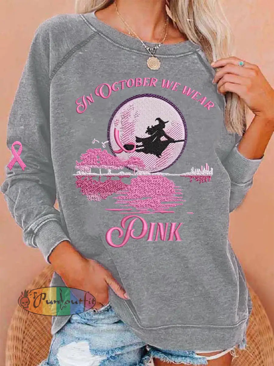 Women’s In October We Wear Pink Halloween Witch Print Breast Cancer Awareness Sweatshirt Light Gray / S