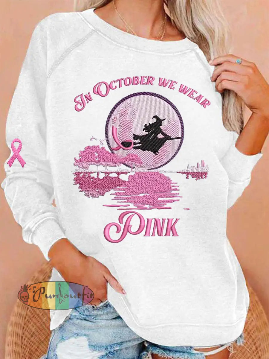 Women’s In October We Wear Pink Halloween Witch Print Breast Cancer Awareness Sweatshirt White / S