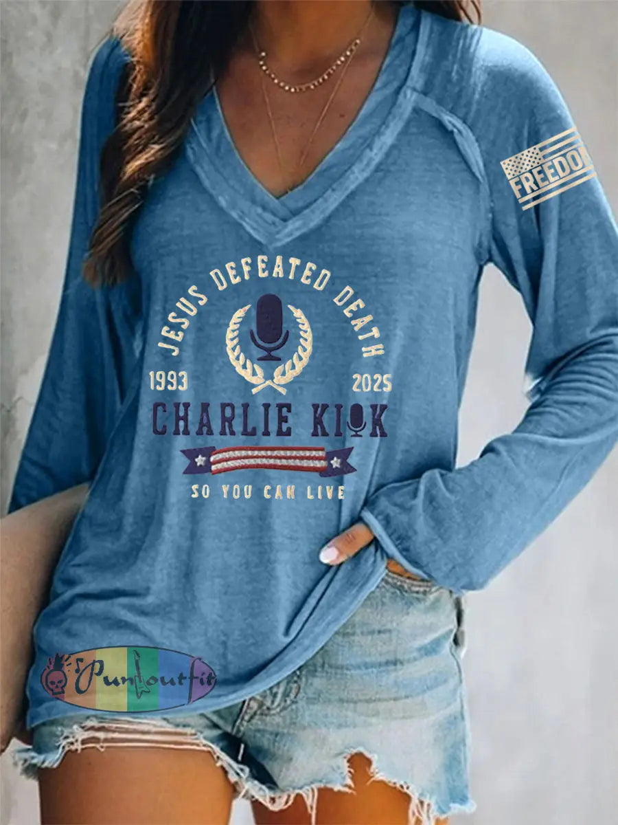 Women’s Jesus Defeated Death So You Can Live R.I.P Charlie Kirk Long-Sleeve T-Shirt Blue / S