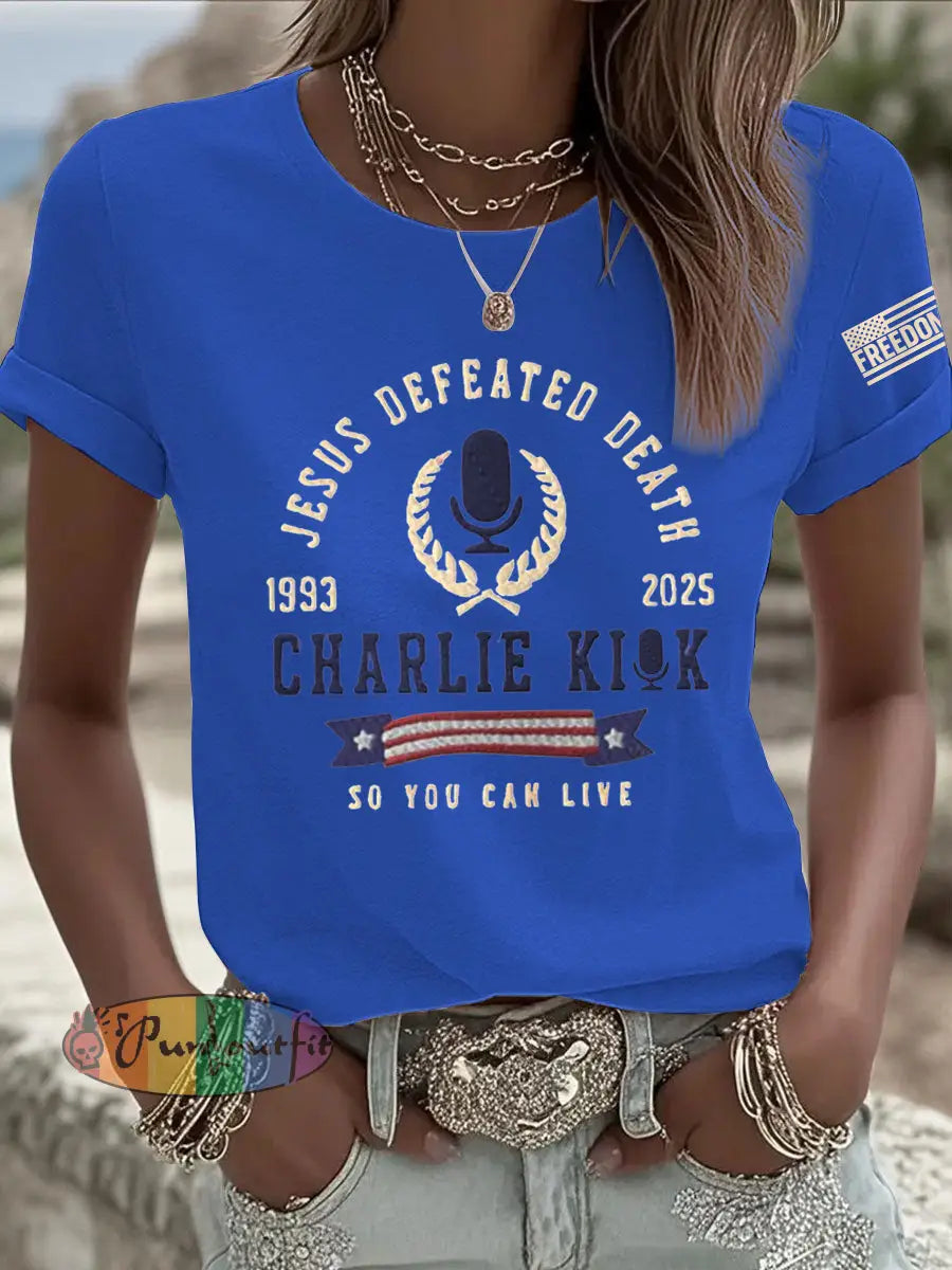 Women’s Jesus Defeated Death So You Can Live R.I.P Charlie Kirk Tee Blue / S