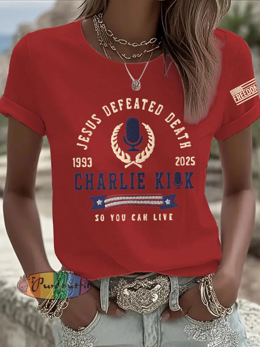 Women’s Jesus Defeated Death So You Can Live R.I.P Charlie Kirk Tee Red / S