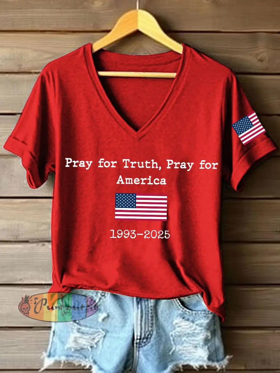Women’s Pray For Truth Pray For America Print V-Neck T-Shirt Red / S