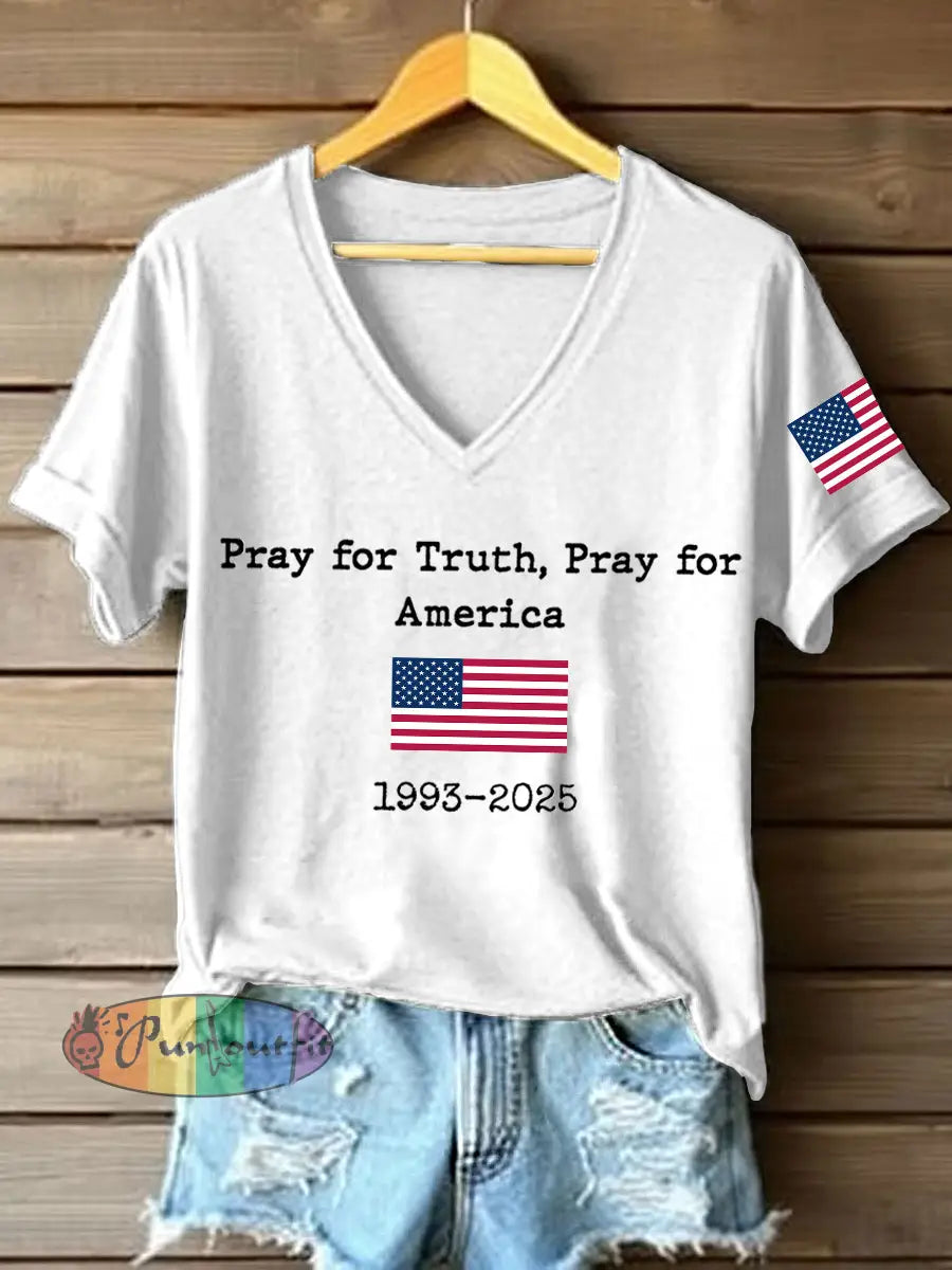 Women’s Pray For Truth Pray For America Print V-Neck T-Shirt White / S