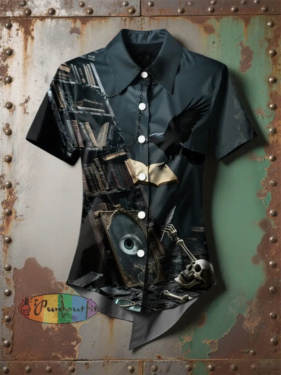 Women’s Retro Gothic Raven Book Skull Printed Casual Short Sleeve Irregular Shirt Black / S