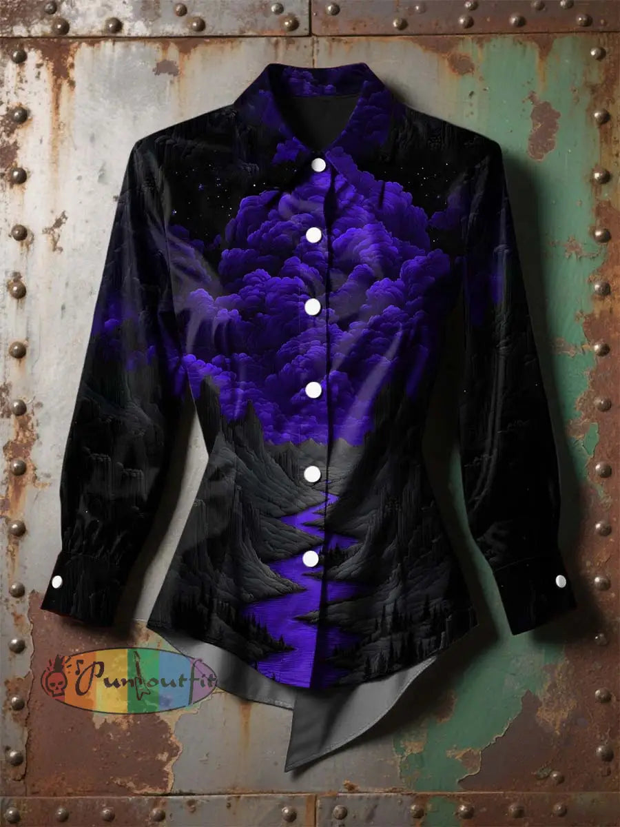 Women’s Retro Punk Halloween Colorful Sports Mountain Printed Casual Long Sleeve Irregular Shirt Purple / S