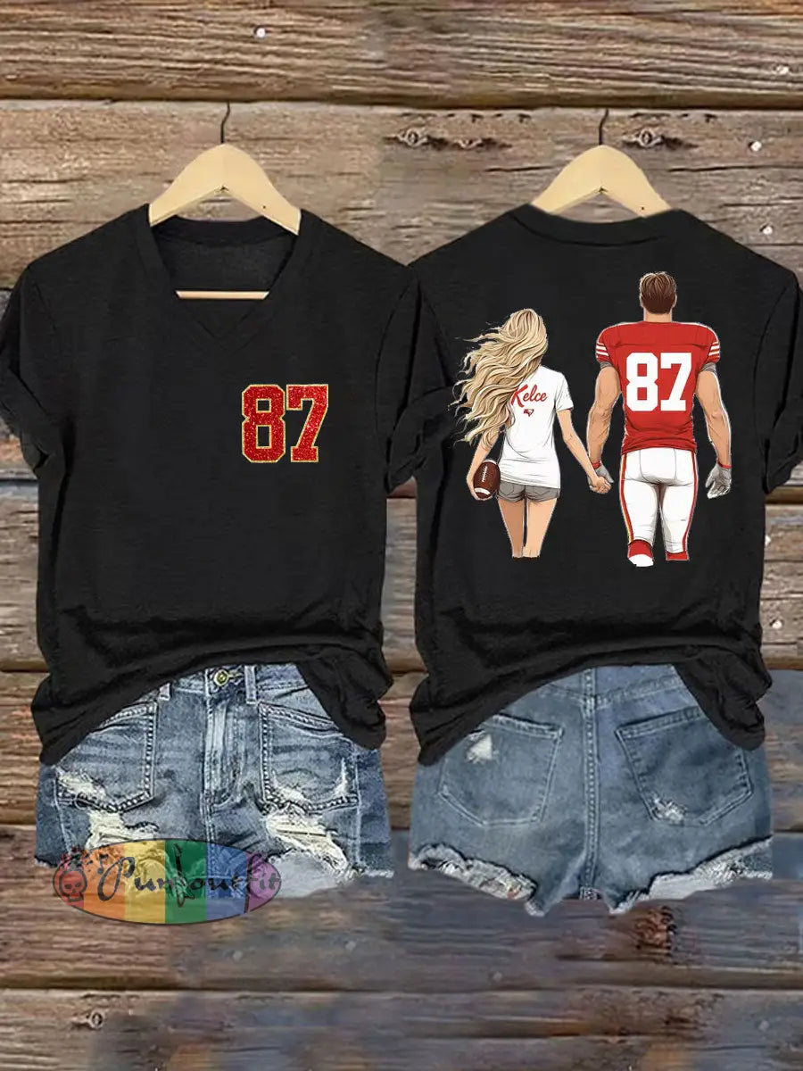 Women’s Taylor Swift and Travis Kelce Engagement short sleeved T shirt Black / S