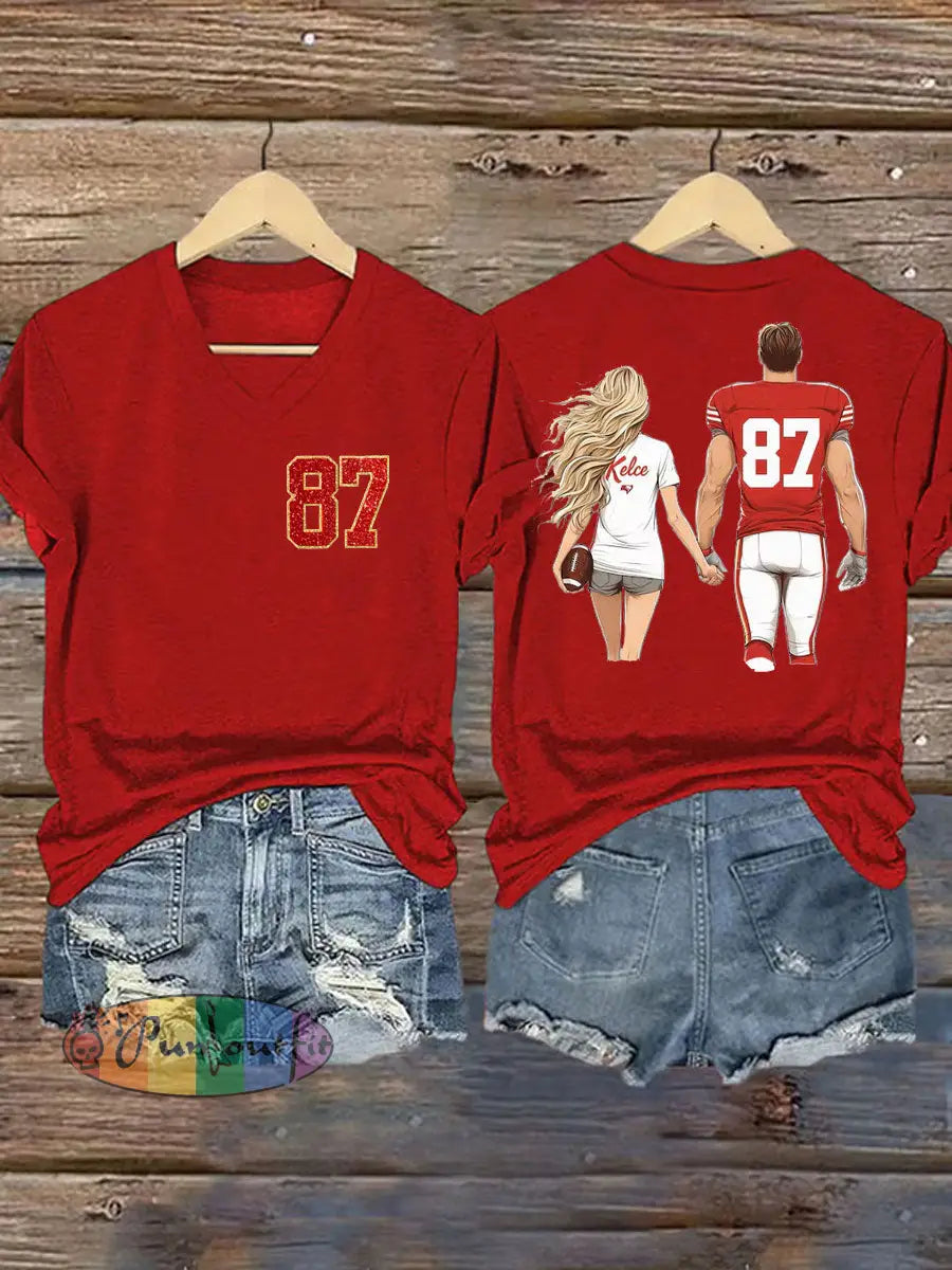 Women’s Taylor Swift and Travis Kelce Engagement short sleeved T shirt Red / S