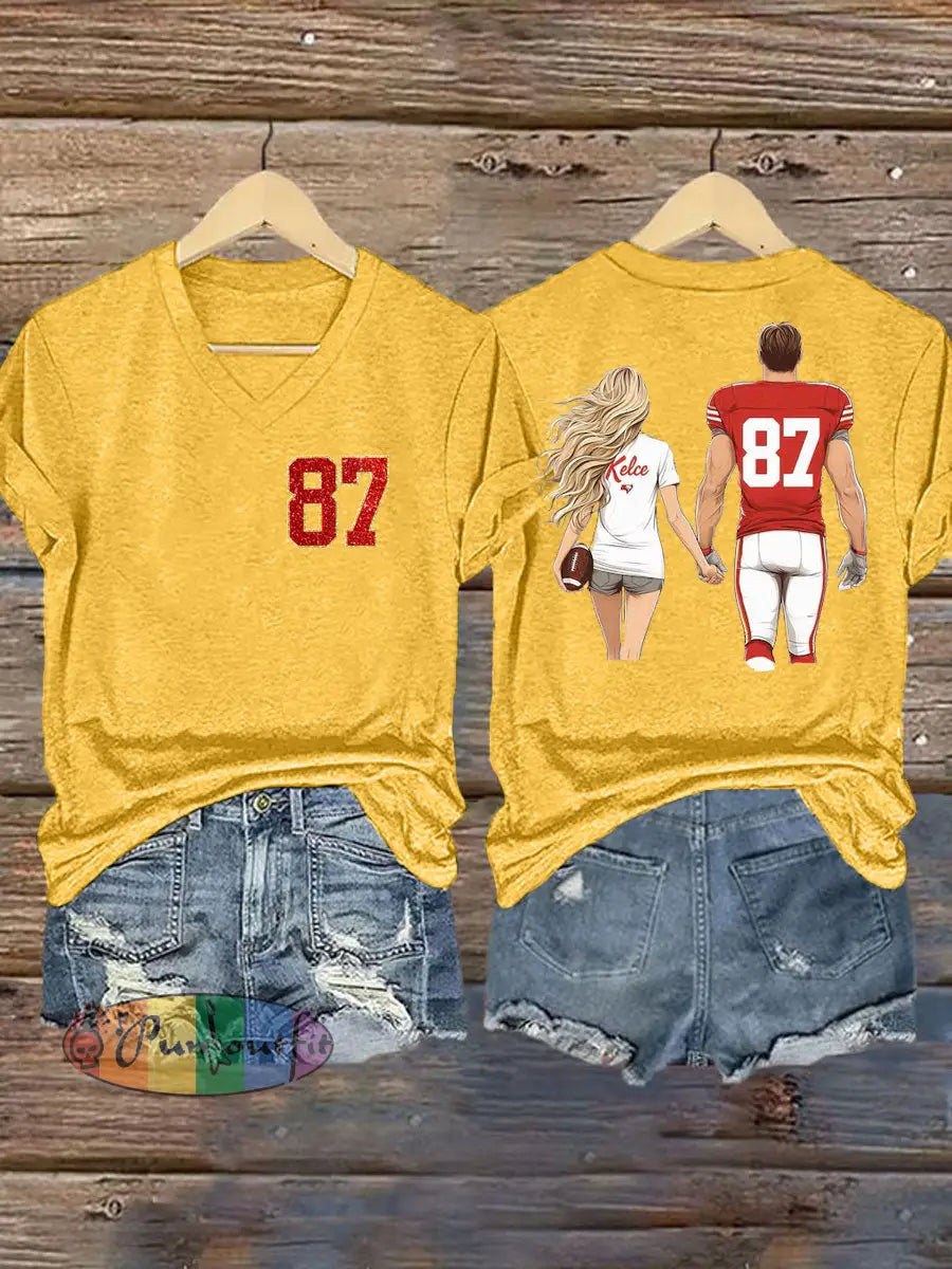 Women’s Taylor Swift and Travis Kelce Engagement short sleeved T shirt Yellow / S