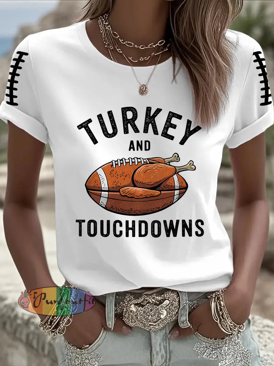 Women’s Turkey And Touchdowns Football Short Sleeve T-Shirt White / S