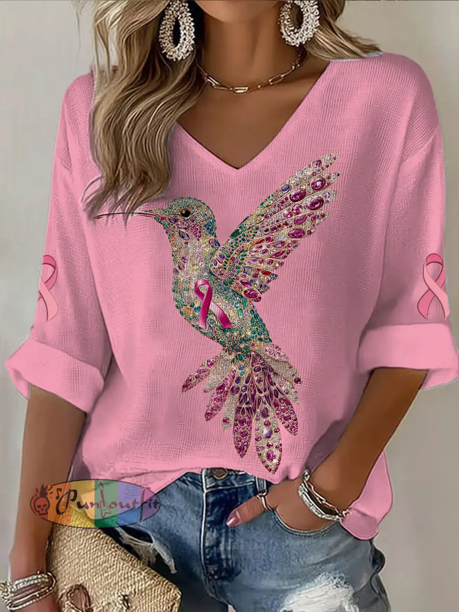 Women’s V neck Mid Sleeve Breast Cancer Hummingbird Printed Casual T shirt Pink / S