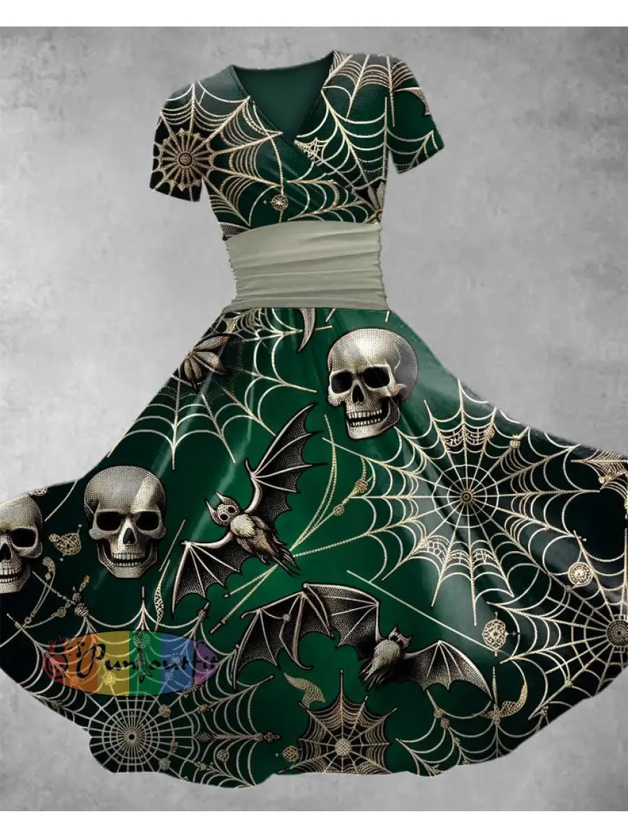 Women’s Vintage Floral Art Print V Neck Maxi Dress Green / S