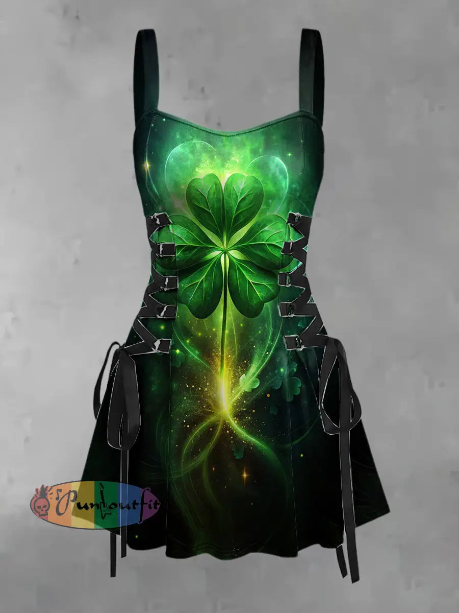 Women’s Vintage Gothic St Patrick’s Shamrocks Print Strappy Sleeveless Strappy Mini Dress Green / S