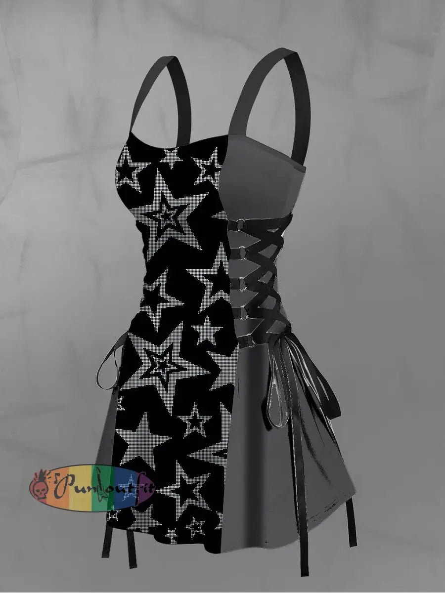 Women’s Vintage Gothic Stars Print Strappy Sleeveless Strappy Mini Dress Black / S