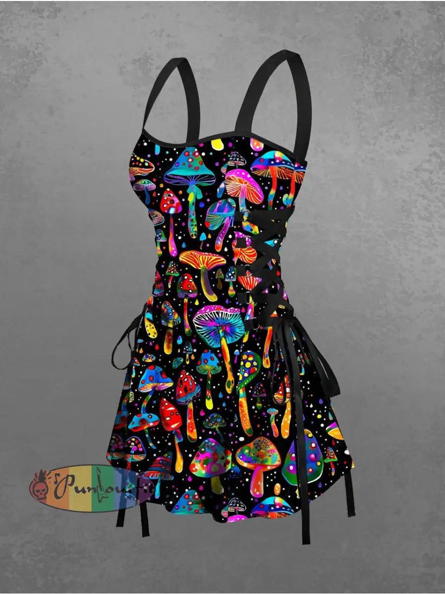 Women’s Vintage Punk Colourful Hippie Mushroom Print Strappy Sleeveless Strappy Mini Dress Black / S