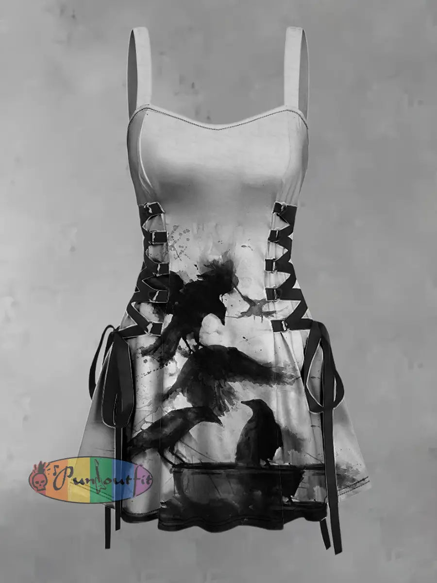 Women’s Vintage Punk Dark Crow Ink Drawing Abstract Art Print Strappy Sleeveless Strappy Mini Dress Gray / S