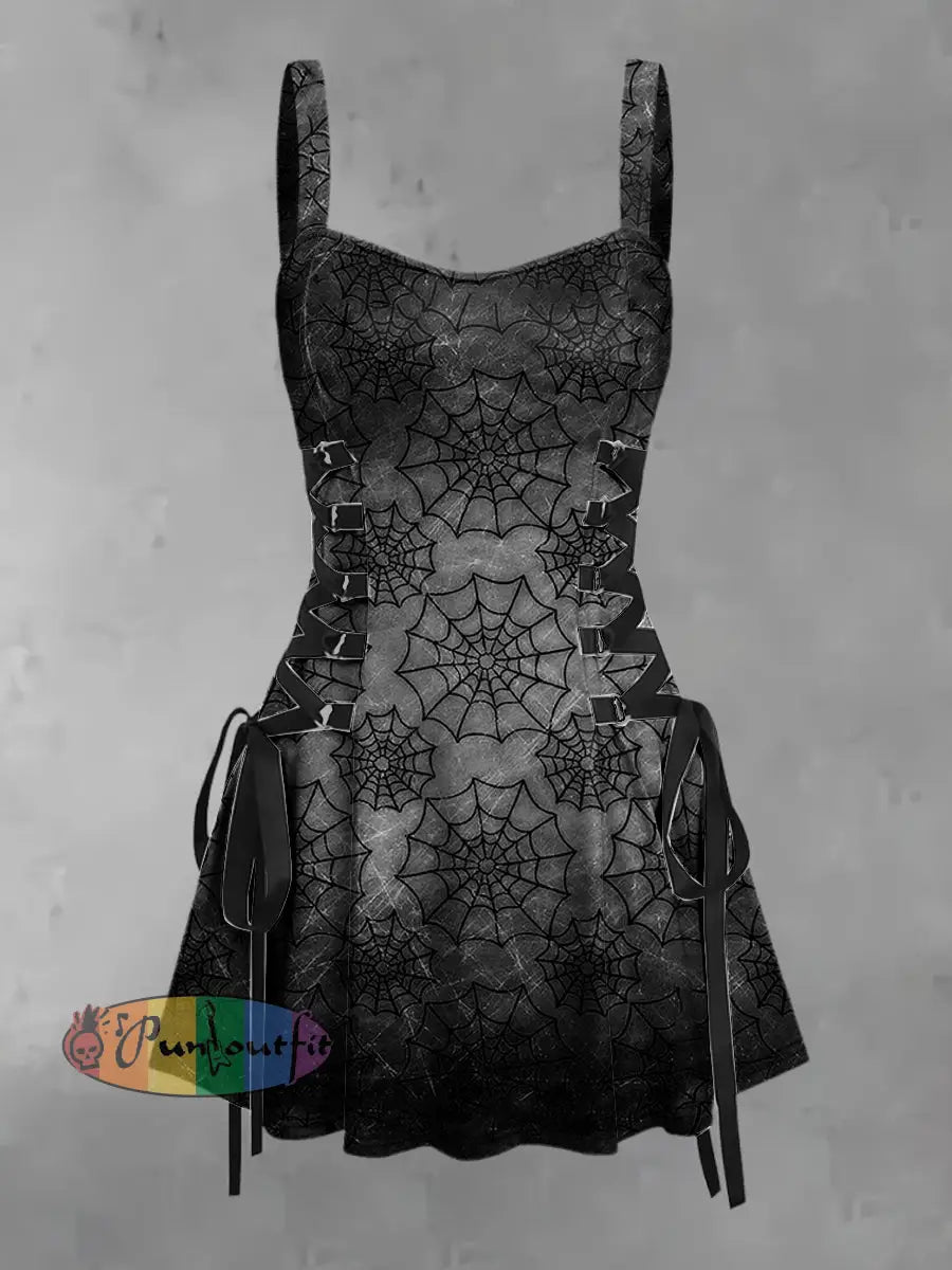 Women’s Vintage Punk Dark Spider Web Print Strappy Sleeveless Strappy Mini Dress Gray / S