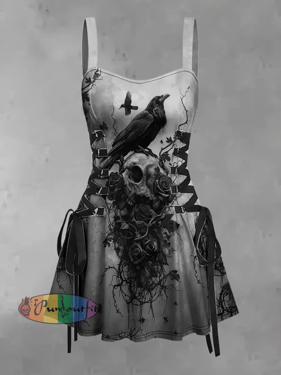 Women’s Vintage Punk Raven Rose Skull Abstract Print Strappy Sleeveless Strappy Mini Dress Gray / S