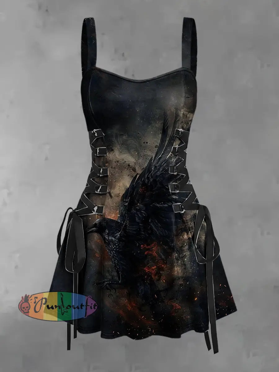 Women’s Vintage Punk War Crow Abstract Art Print Strappy Sleeveless Strappy Mini Dress Black / S
